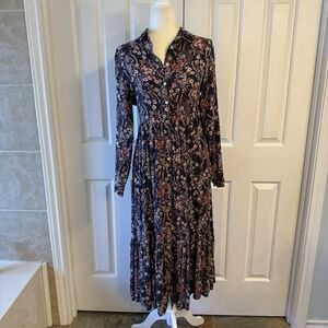 Bohme Floral Print 100% Rayon Long‎ Sleeve Button Down Boho Dress Small
